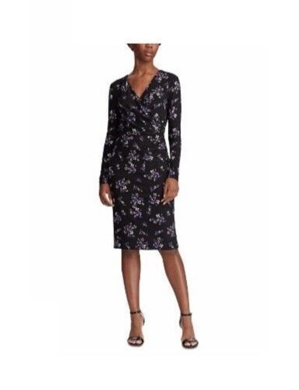NWT Lauren Ralph Lauren Wrap Dress Black Purple Floral Ruched Size 14 $110 V0106